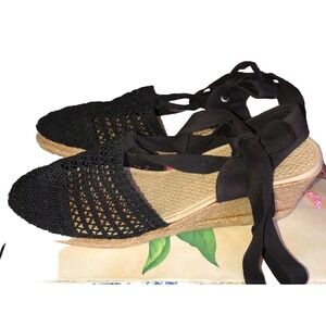 Vintage Newport News Black Ankle Tie 3" Espadrille Wedge Sandals 11